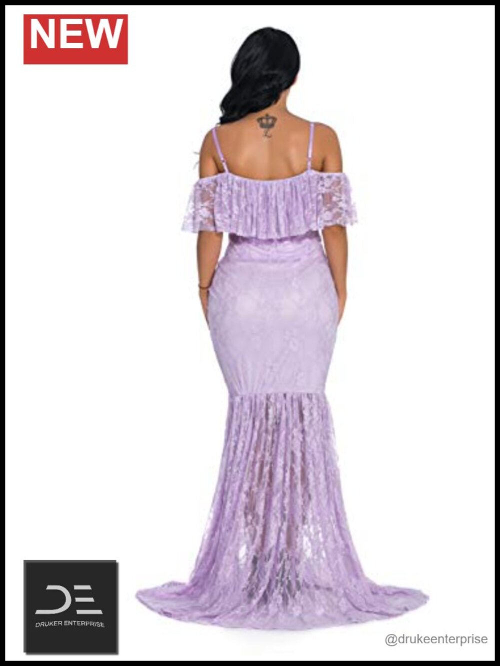 Fitted Lace Maternity Gown Ruffle Sleeve Mermaid Off Shoulder Photography Dress - Picture 4 of 4